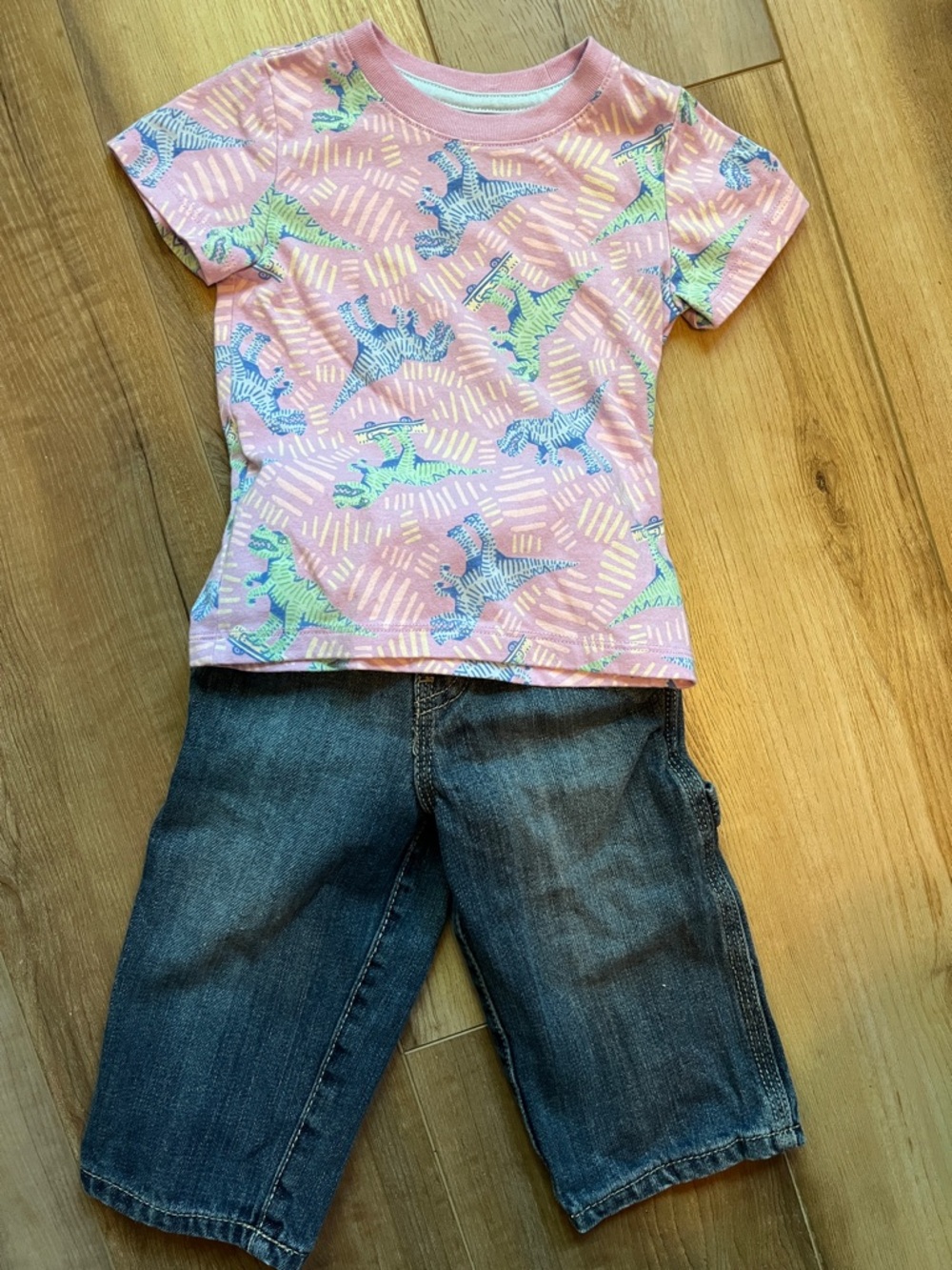 Kids Cat & Jack Short Sleeve Purple and Pink Dino Print Tee Size 12 Mo and Jeans